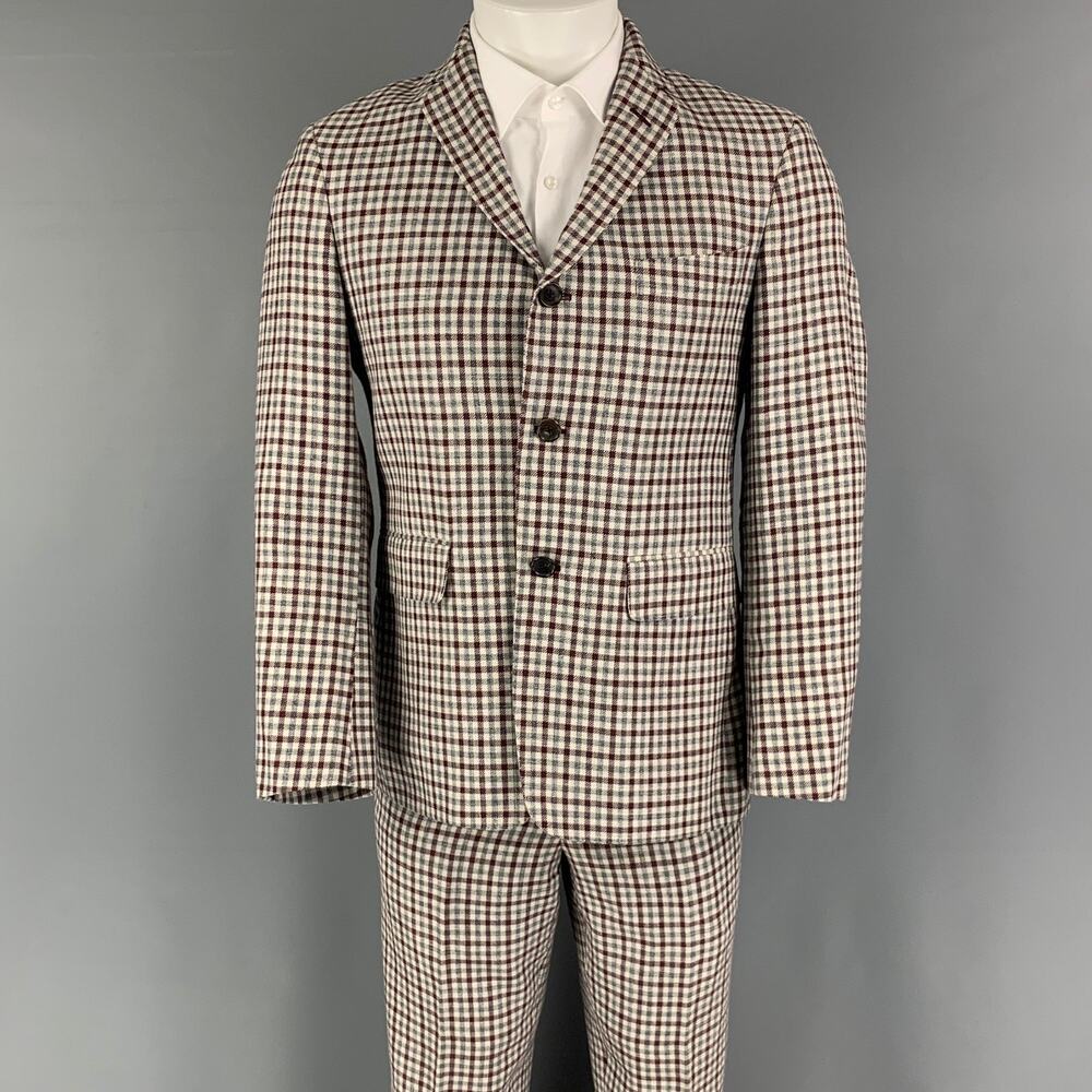 BLACK FLEECE Size 38 Burgundy Grey Cream Checkered Wool Blend 31 Suit
